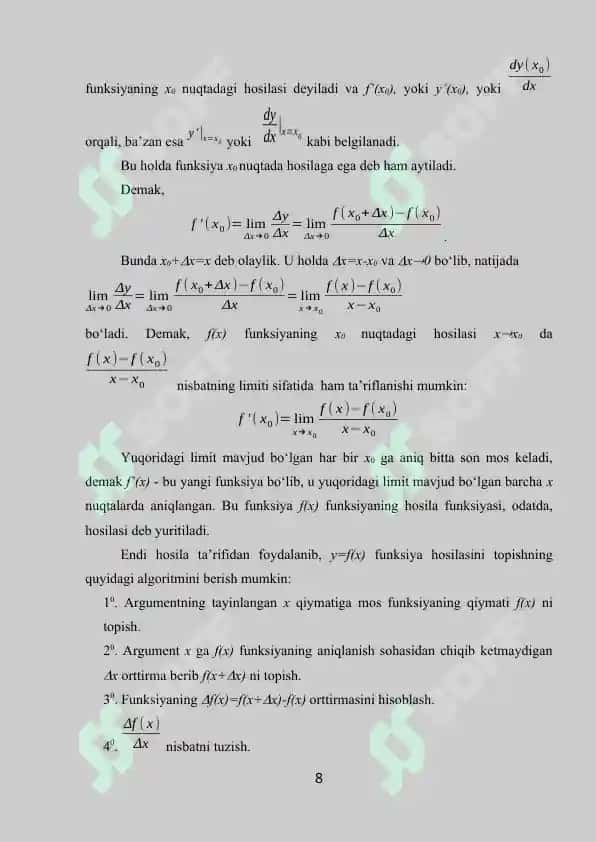 Funksiyaning hosilasi: uning geometrik va mexanik ma’nosi 8