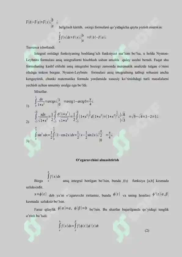 Nyuton-leybnits formulasi, aniq integralda o’zgaruvchini almashtirish va bo’laklab integrallash 2