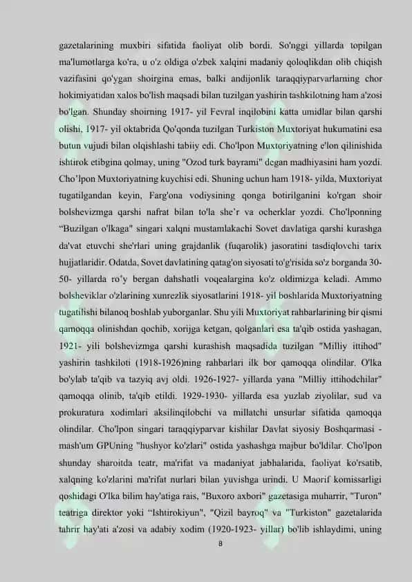 Adabiyot o’qitish metodikasi” fanidan  “Cho’lponning “Kecha va Kunduz” asarini obrazlar tizimi orqali o’rganish 8