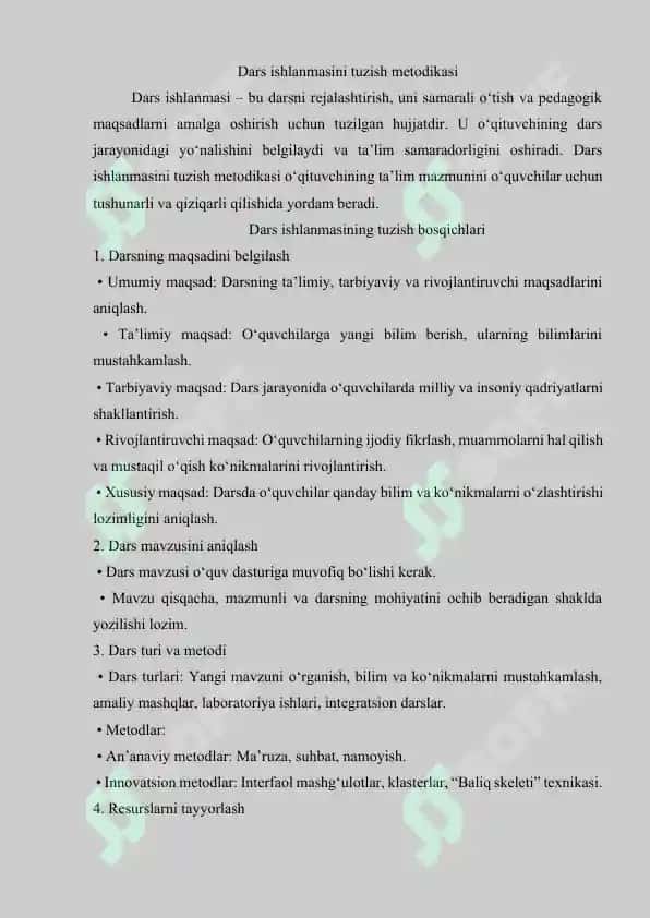 Dars ishlanmasini tuzish metodikasi 2