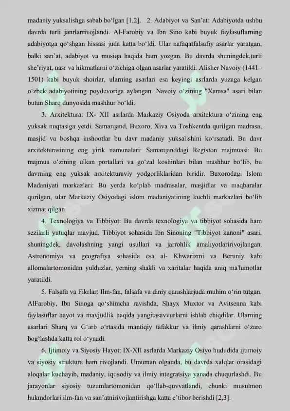 IX-XII ASRLARDA MAMLAKATIMIZ HUDUDIDA RO‘Y BERGAN MADANIY UYG‘ONISH, BUYUK ALLOMALARNING JAHON SIVILIZATSIYASIGA QO‘SHGAN HISSASI 2