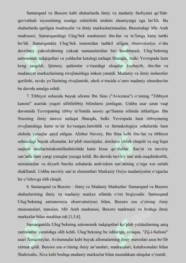 IX-XII ASRLARDA MAMLAKATIMIZ HUDUDIDA RO‘Y BERGAN MADANIY UYG‘ONISH, BUYUK ALLOMALARNING JAHON SIVILIZATSIYASIGA QO‘SHGAN HISSASI 3