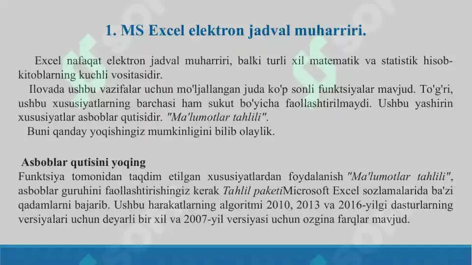 MS Excel   elektron jadvali yordamida ma’lumotlarni statistik tahlil qilish. Taqdimot 12 bet. 2
