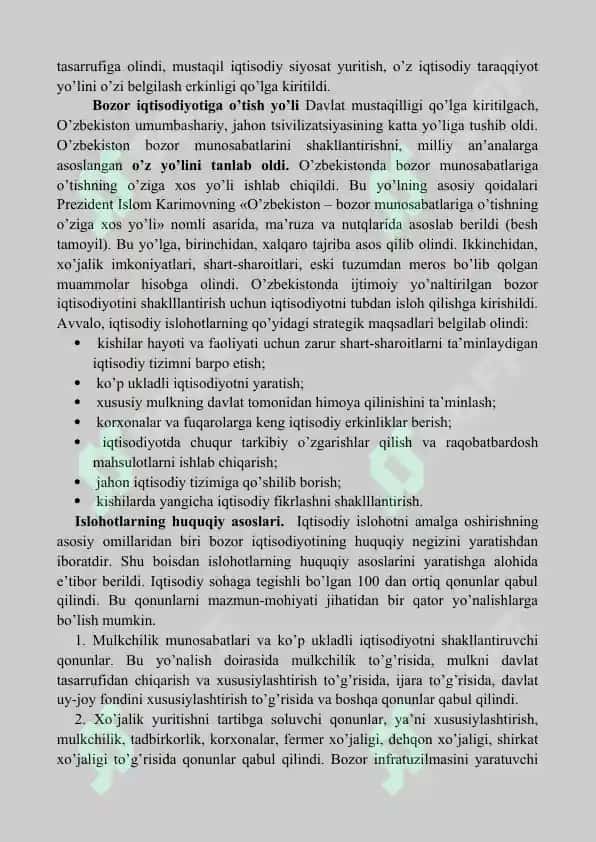 O’zbekistonda mustaqil taraqqiyot yo’lining shart – sharoitlari va zamini 2