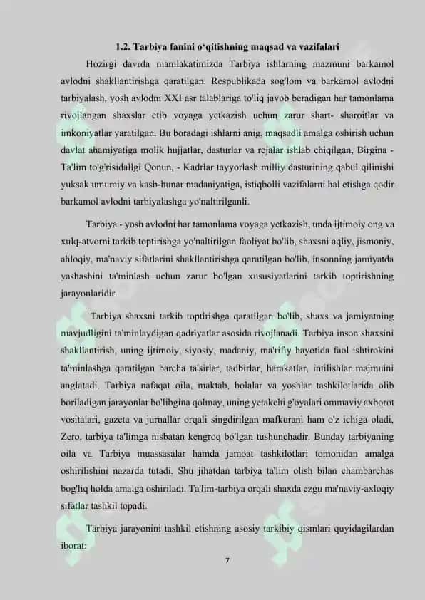 Tarbiya’ fanini o‘qitish metodikasining predmeti, maqsad–vazifalari va ilmiy tadqiqot metodlari 7