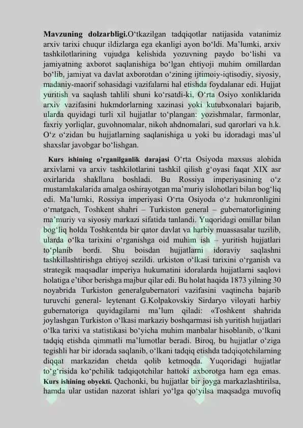 Turkistonda 1867-1917 yillarda arxiv ishi tarixi 2