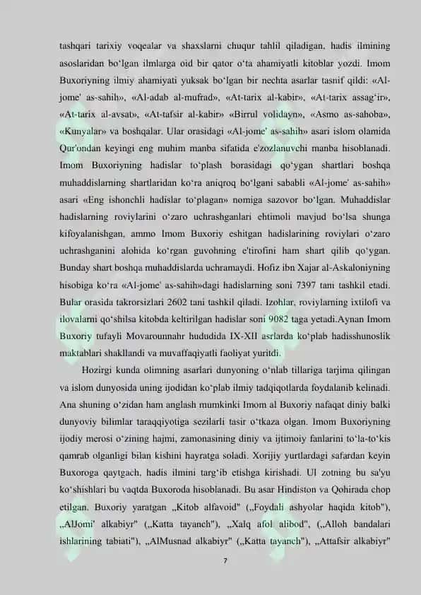 Xadislarida tabiatga oid bandlarini o'rganish va tahlil qilish. 7