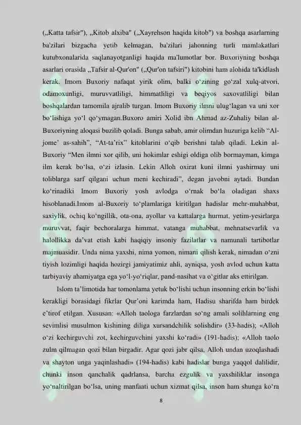 Xadislarida tabiatga oid bandlarini o'rganish va tahlil qilish. 8