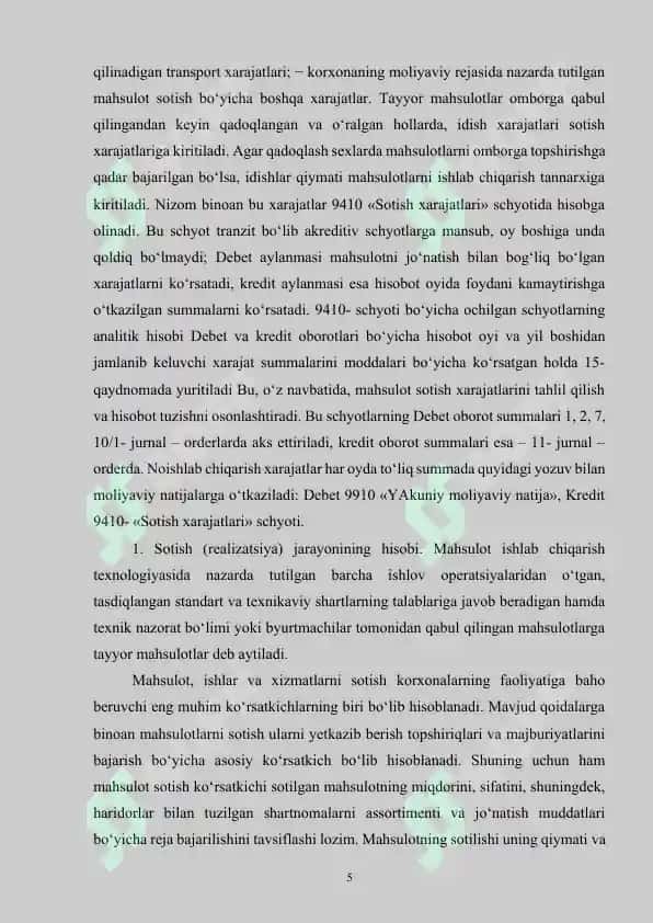 Tayyor mahsulotning sotishning analitik va sintetik hisobi 5