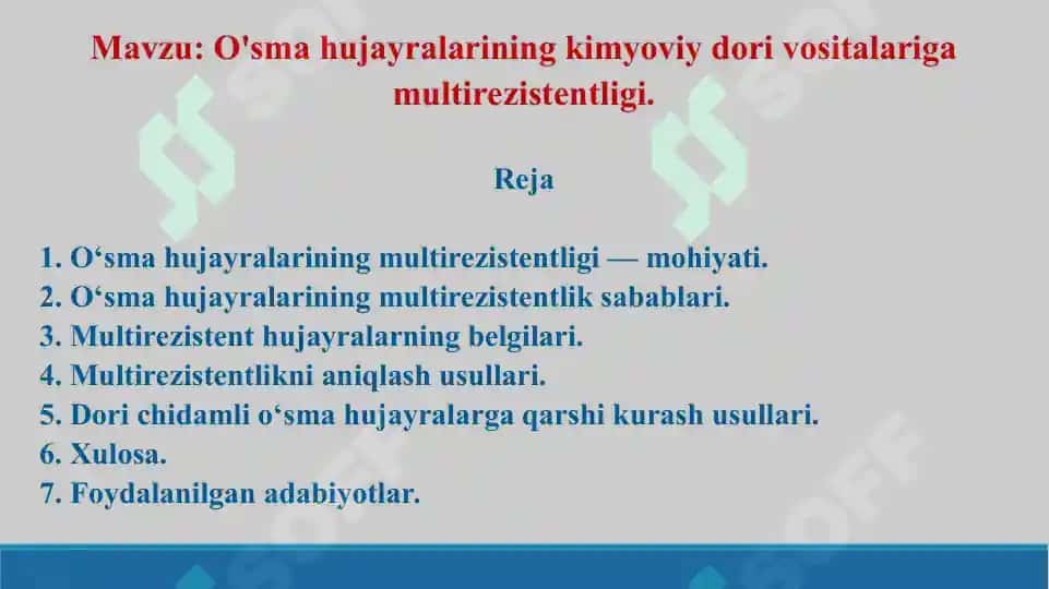 O'sma hujayralarining kimyoviy dori vositalariga multirezistentligi. Taqdimot 20 bet. 2