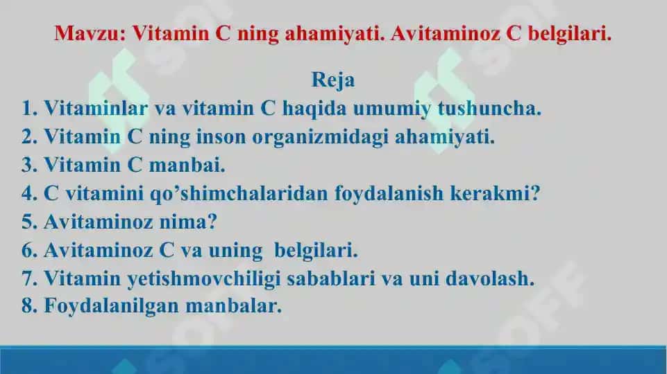 Vitamin C ning ahamiyati. Avitaminoz C belgilari. Taqdimot 18 bet. 2