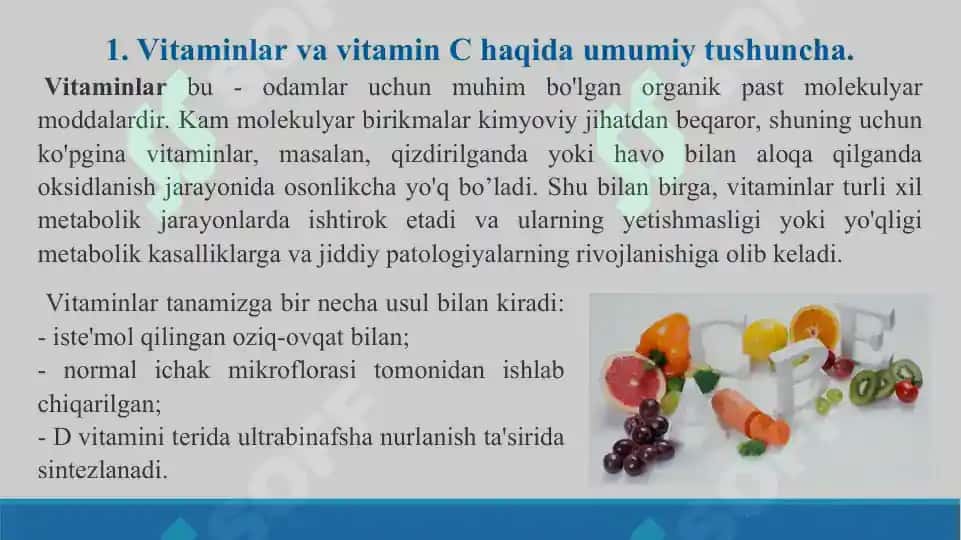 Vitamin C ning ahamiyati. Avitaminoz C belgilari. Taqdimot 18 bet. 3