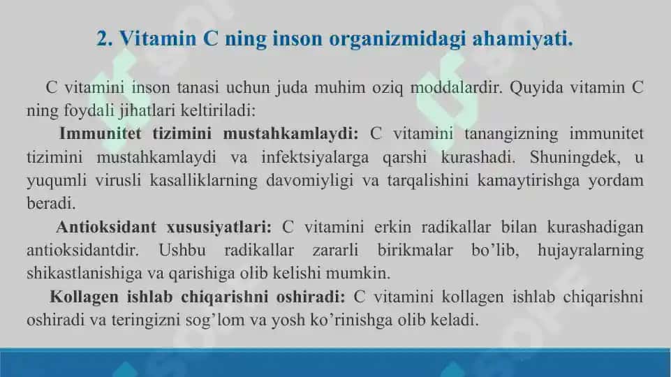 Vitamin C ning ahamiyati. Avitaminoz C belgilari. Taqdimot 18 bet. 5