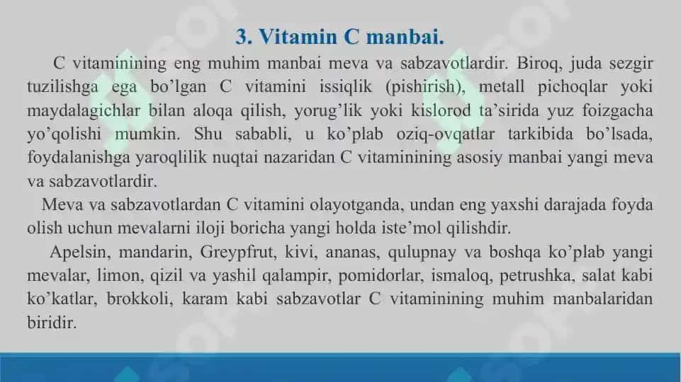 Vitamin C ning ahamiyati. Avitaminoz C belgilari. Taqdimot 18 bet. 7
