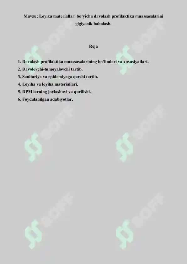 Loyixa materiallari bo’yicha davolash profilaktika muassasalarini gigiyenik baholash. Referat 13 bet. 2