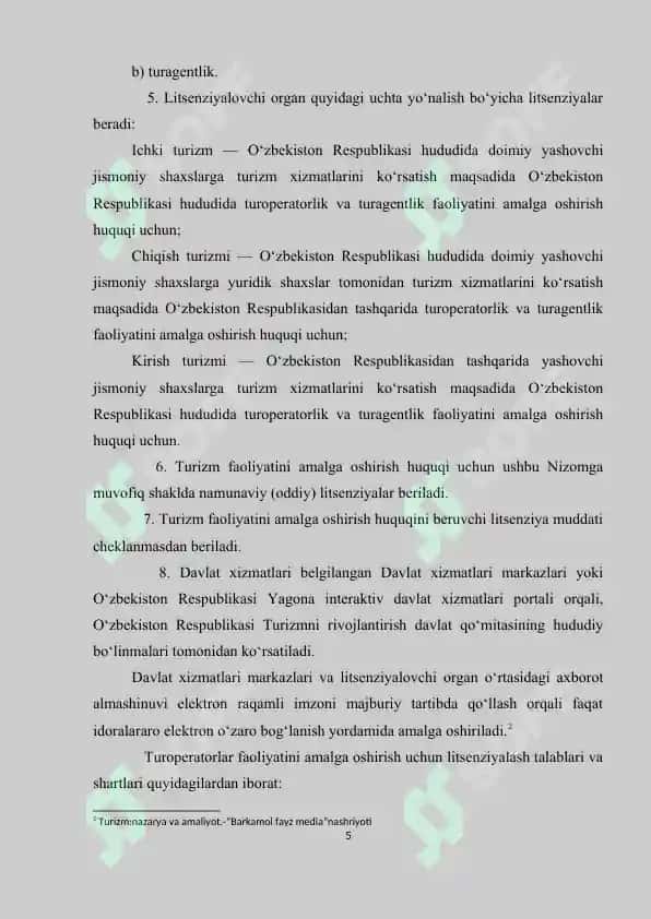 TURIZM XIZMATLARINI LITSENZIYALASHTIRISH, SERTIFIKATLASHTIRISH VA STANDARTLASHTIRISH 5