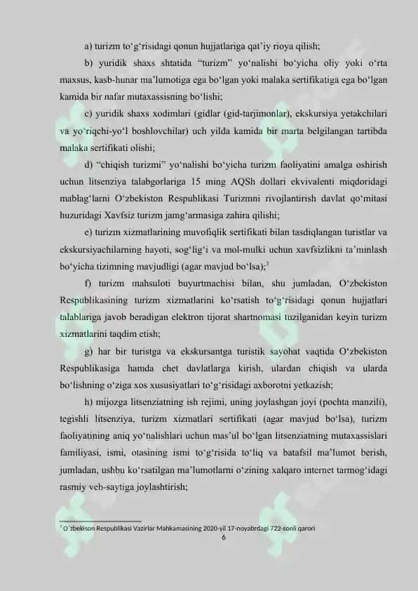 TURIZM XIZMATLARINI LITSENZIYALASHTIRISH, SERTIFIKATLASHTIRISH VA STANDARTLASHTIRISH 6