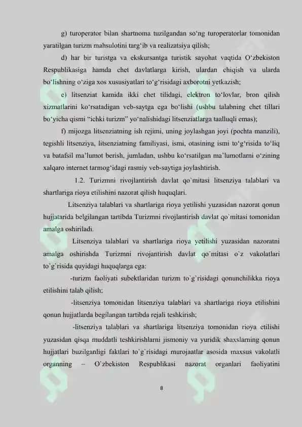 TURIZM XIZMATLARINI LITSENZIYALASHTIRISH, SERTIFIKATLASHTIRISH VA STANDARTLASHTIRISH 8