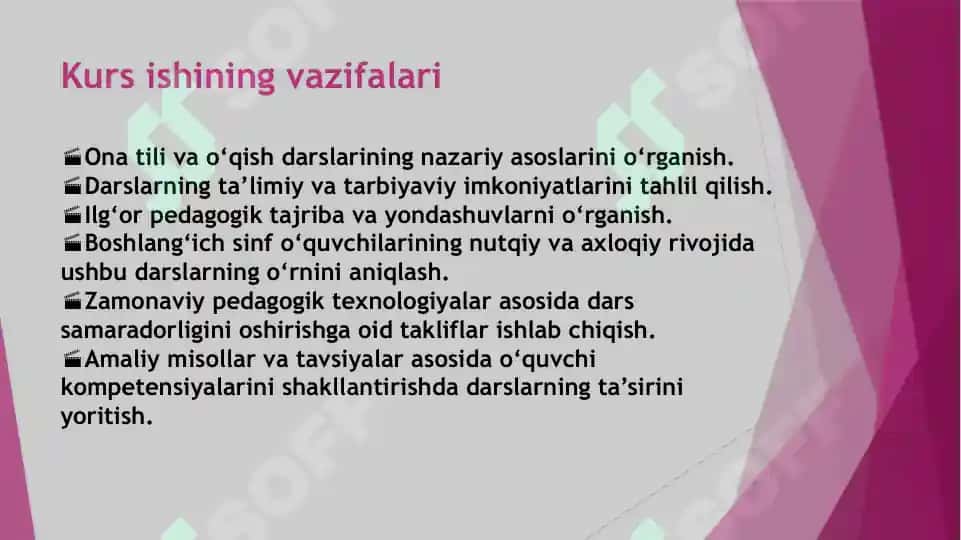 Ona tili va o‘qish darslarining maqsad va vazifalari, ta’limiy-tarbiyaviy ahamiyati 8