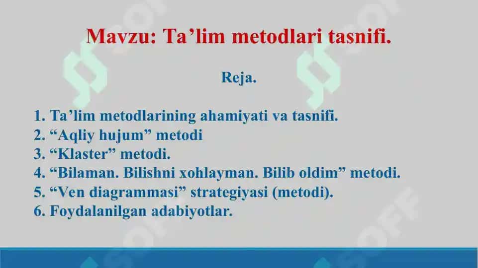 Ta’lim metodlari tasnifi. Taqdimot 18 bet, topshirig'i bilan 2