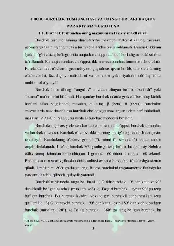 Burchak va uning turlari. Burchaklar haqida o`rgatish metodikasi 5