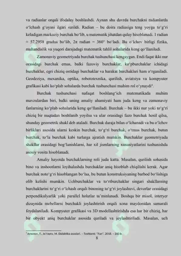 Burchak va uning turlari. Burchaklar haqida o`rgatish metodikasi 8