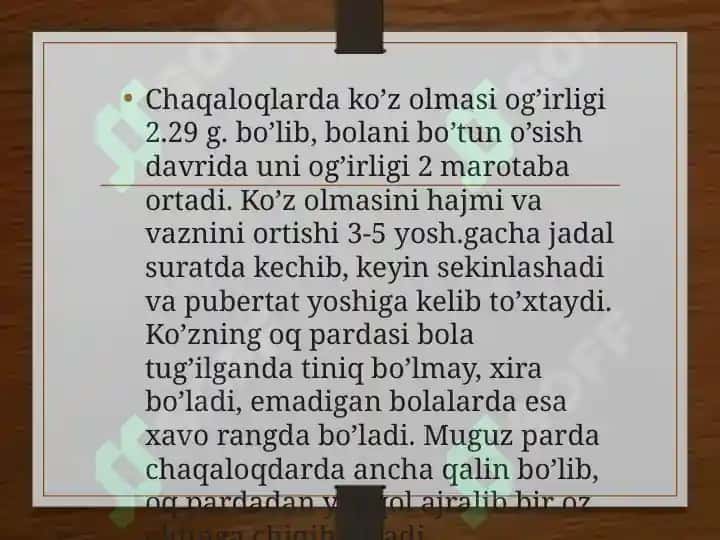 Bolalarda hisyotlarni rivojlanishi ko’rish, eshitish, ta’m  bilish, hid  bilish, terii sezgirligi, vestibulyar apparat 3