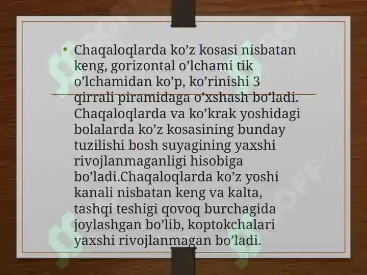 Bolalarda hisyotlarni rivojlanishi ko’rish, eshitish, ta’m  bilish, hid  bilish, terii sezgirligi, vestibulyar apparat 6