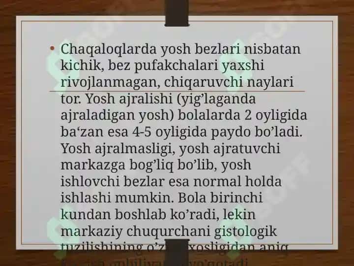 Bolalarda hisyotlarni rivojlanishi ko’rish, eshitish, ta’m  bilish, hid  bilish, terii sezgirligi, vestibulyar apparat 8