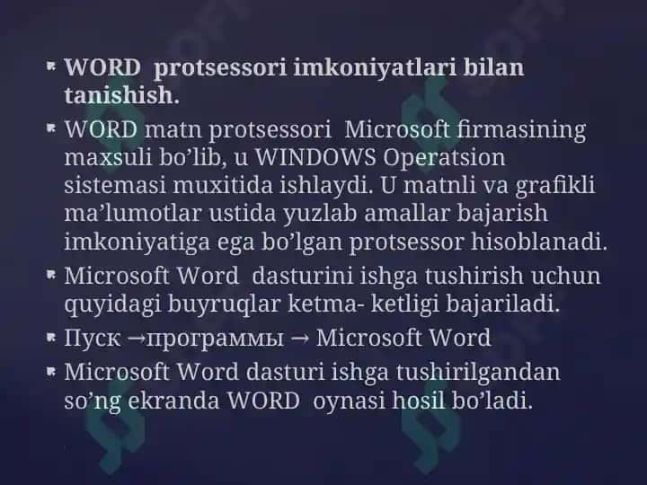 Microsoft Word MATN MUHARRIRLARI VA PROTSESSORLARI, MATNLI HUJJATLARNI YARATISH VA TAXRIRLASH FORMATLASH 3