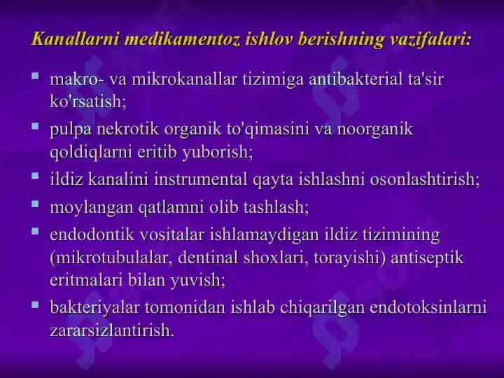 Ildiz kanallari tizimiga medikamentoz  ishlov berishda qo’llaniladigan antiseptiklar. Ildiz kanallar tizimini plombalash. 4