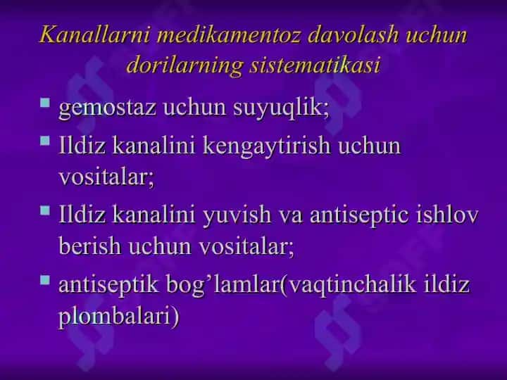 Ildiz kanallari tizimiga medikamentoz  ishlov berishda qo’llaniladigan antiseptiklar. Ildiz kanallar tizimini plombalash. 7