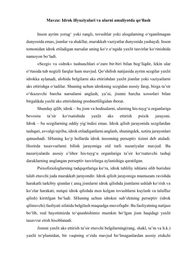 Idrok illyuziyalar va ularni amaliyotda qo‘llash
