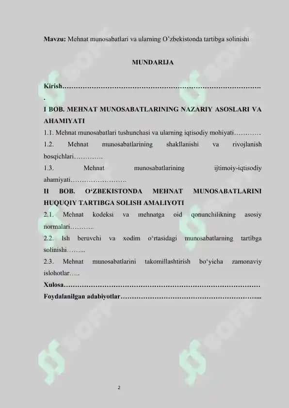 Mehnat munosabatlari va ularning O’zbekistonda tartibga solinishi  kurs ishi  |   Меҳнат муносабатлари ва уларнинг Ўзбекистонда тартибга солиниши 2