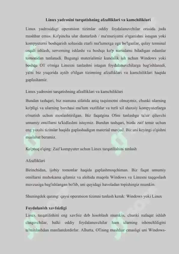 LINUX YADROSINI TARQATISHNING AFZALLIKLARI VA KAMCHILIKLARI 5