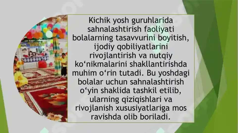 Kichik yosh guruhlarida sahnalashtirish faoliyatini tashkil etish shakllari 3
