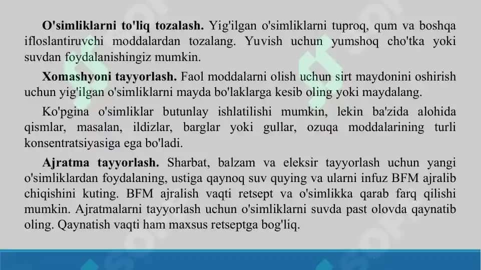 Yangi yig‘ilgan (quritilmagan) o‘simliklardan dori tayyorlash texnologiyasi (sharbat, balzam, eleksir). Taqdimot, 22 sahifa 7