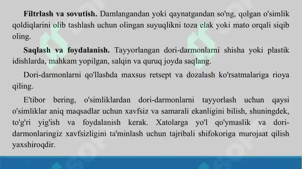 Yangi yig‘ilgan (quritilmagan) o‘simliklardan dori tayyorlash texnologiyasi (sharbat, balzam, eleksir). Taqdimot, 22 sahifa 8