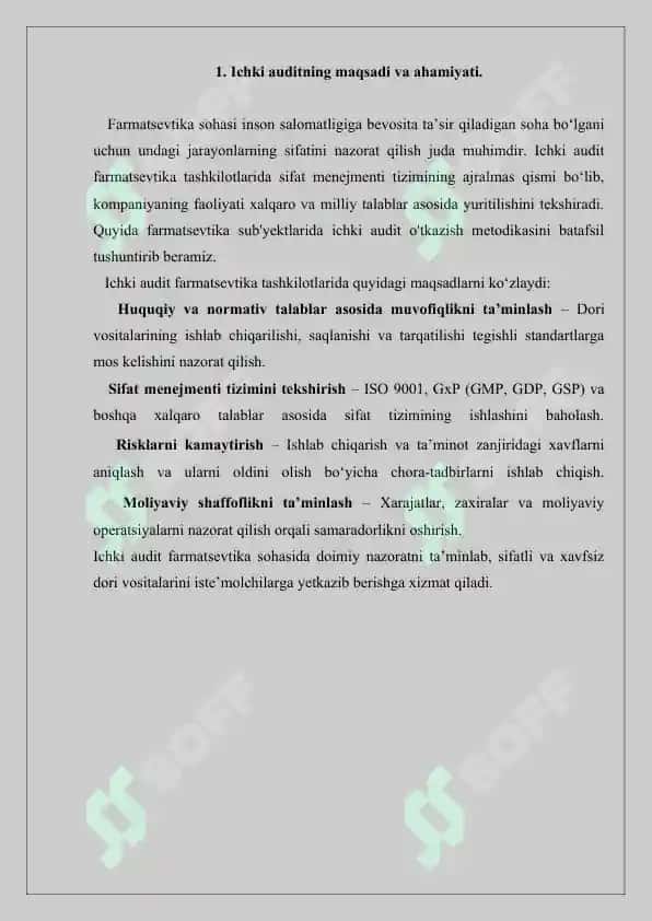 O'z-o'zini tekshirishni (ichki audit) o'tkazish metodikasi. Referat 6 bet. 2