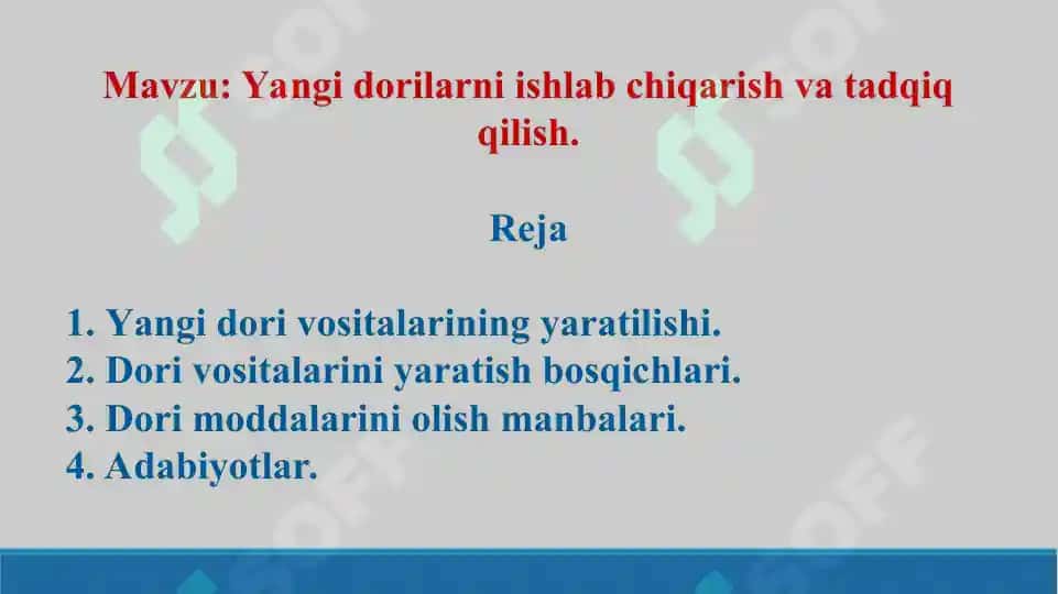Yangi dorilarni ishlab chiqarish va tadqiq qilish. Taqdimot 12 bet. 2