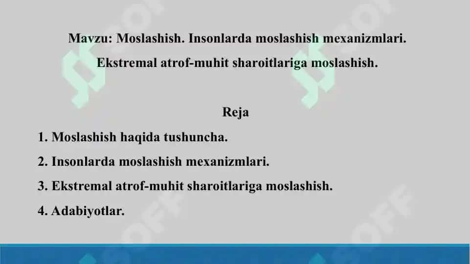 16. Moslashish. Insonlarda moslashish mexanizmlari. Ekstremal atrof-muhit sharoitlariga moslashish 2. Taqdimot 14 bet. 2