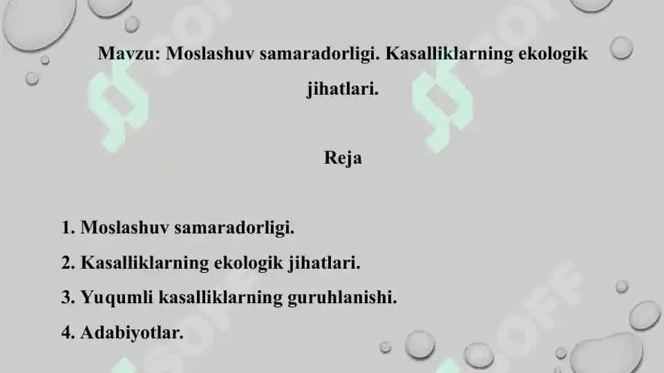 17. Moslashuv samaradorligi. Kasalliklarning ekologik jihatlari. Taqdimot 10 bet. 2