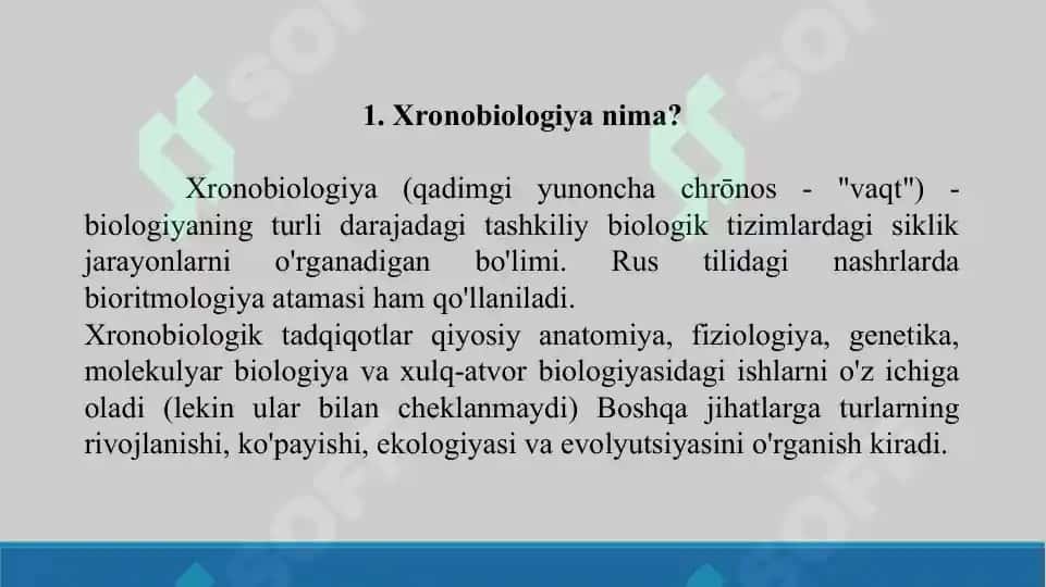 19. Xronobiologiya. Bioritmlarning moslashuvchanligi. Taqdimot 9 bet. 3