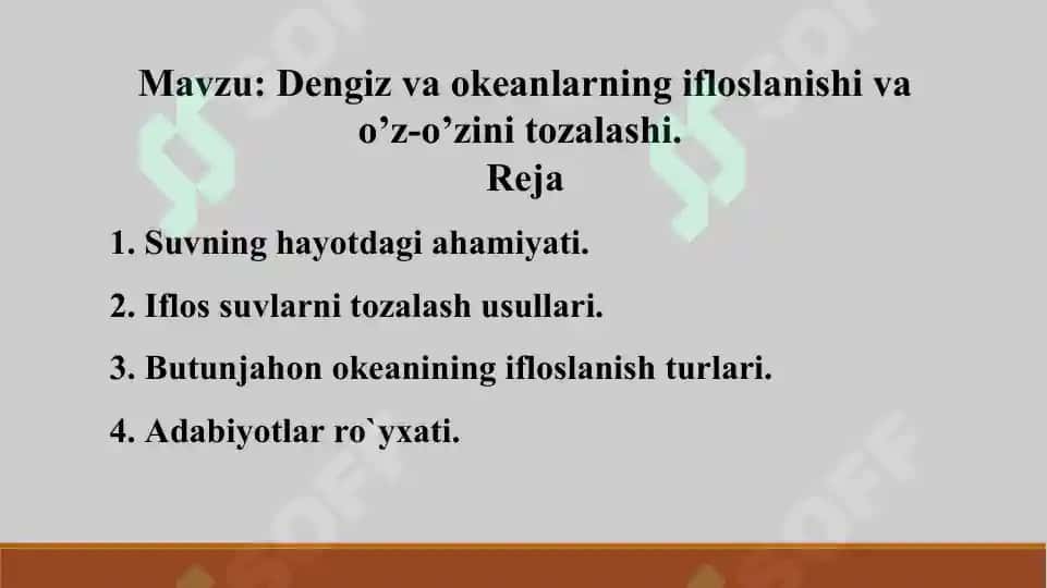 22. Dengiz va okeanlarning ifloslanishi va o’z-o’zini tozalashi. Taqdimot 12 bet. 2