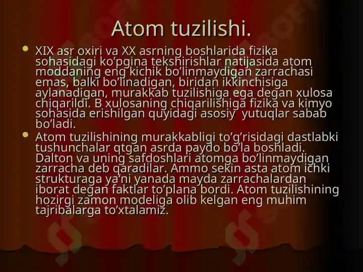 Atom tuzilishi. Bor nazariyasi. Atomdagi elektron holatlar. Kvant sonlar. s-, p-, d-,f-elektronlar 2