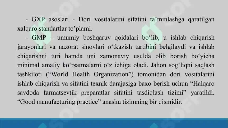 Farmatsevtik tashkilotlarini boshqaruv tizimida xalqaro standartlar (GMP,  GLP, GCP, GLP, GDP, GPP, GSP VA ISO) haqida tushuncha va uning ahamiyati. Taqdimot 17 bet. 4