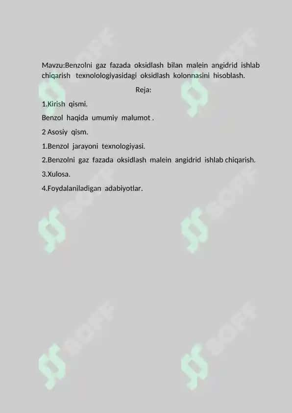Benzolni gaz fazada oksidlash bilan malein anhidrid ishlab chiqarish texnologiyasi 2