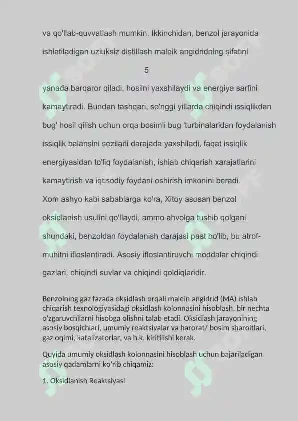 Benzolni gaz fazada oksidlash bilan malein anhidrid ishlab chiqarish texnologiyasi 7
