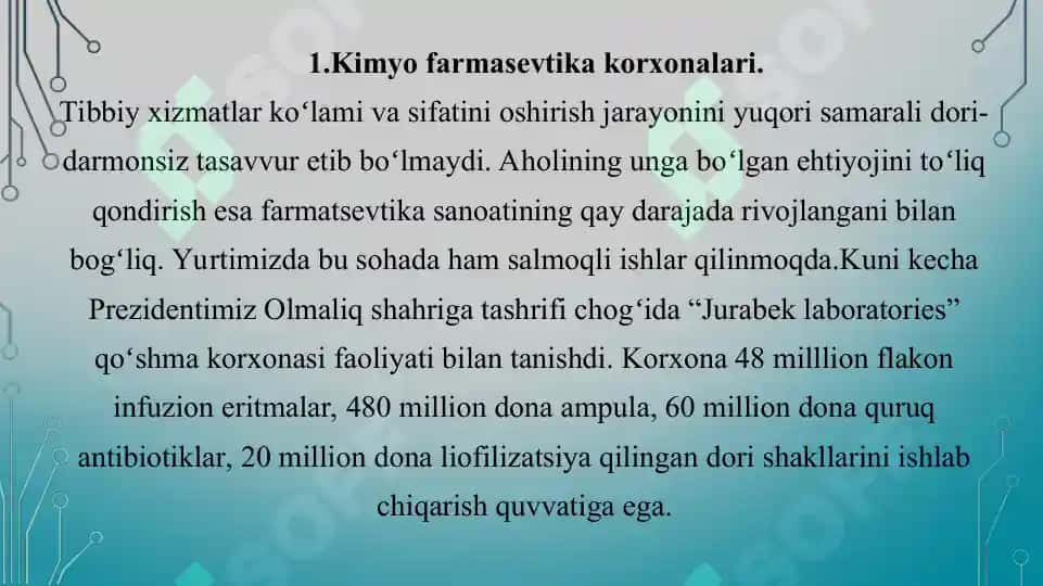 Kimyo  farmasevtika  korxonalari ishchi-xodimlarida uchraydigan kasb kasalliklari va oldini olish choralari. Taqdimot 12 bet. 2