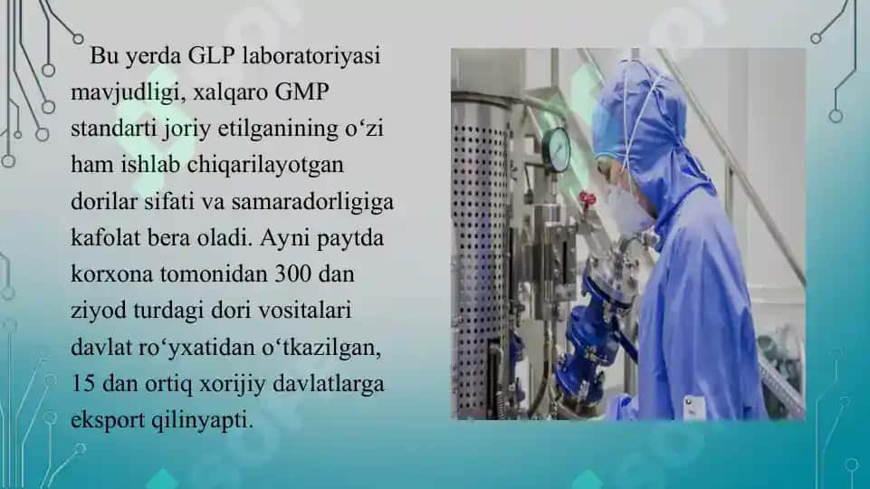 Kimyo  farmasevtika  korxonalari ishchi-xodimlarida uchraydigan kasb kasalliklari va oldini olish choralari. Taqdimot 12 bet. 3